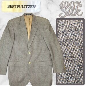 Bert Pulitzer Vintage Blazer Mens 42 Tan Blue 100% Silk Tweed Herringbone Luxury